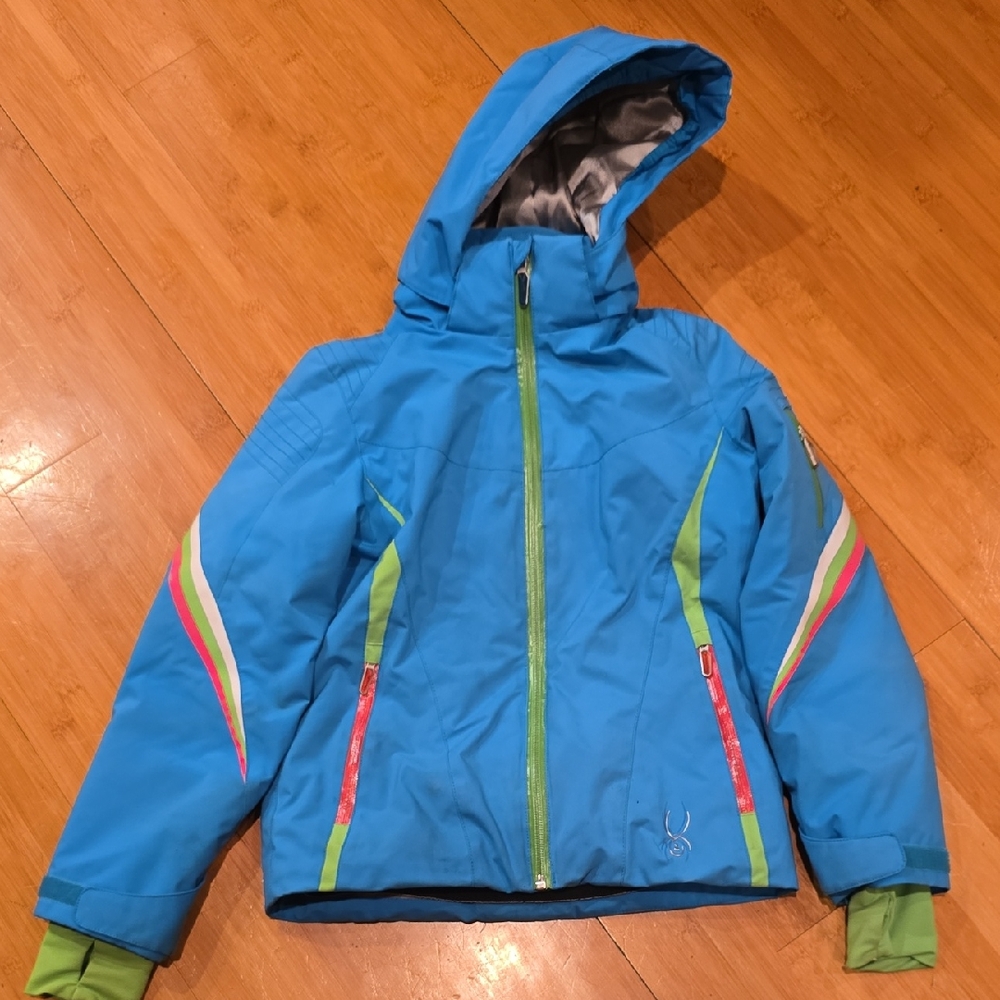 Spyder Kids Puffer Jacket in Blue with Green and Pink Accents